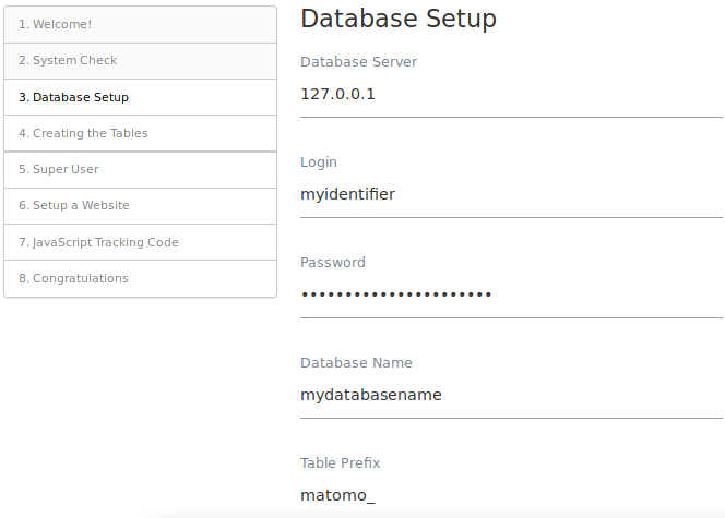 Matomo database setup